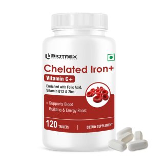Biotrex Chelated Iron + Vitamin C, B12, Folic Acid & Zinc, Boost Hemoglobin Levels & Improves Concentration Levels, Energy & Blood Building - 120 Vegetarian Tablets ❌ არ არის რეკომენდებული ❌