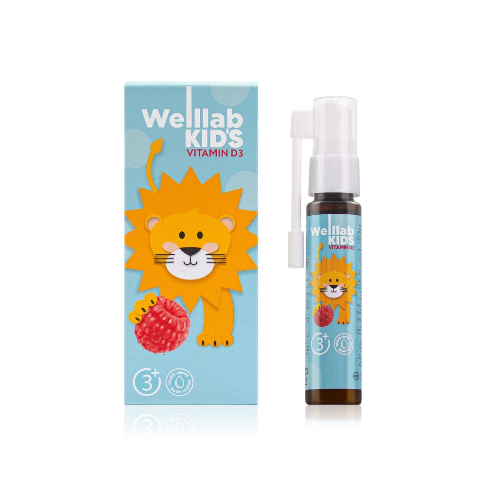 სპრეი D3 ვიტამინით WELLLAB KIDS VITAMIN D3 ჟოლოს გემოთი, 25 მლ