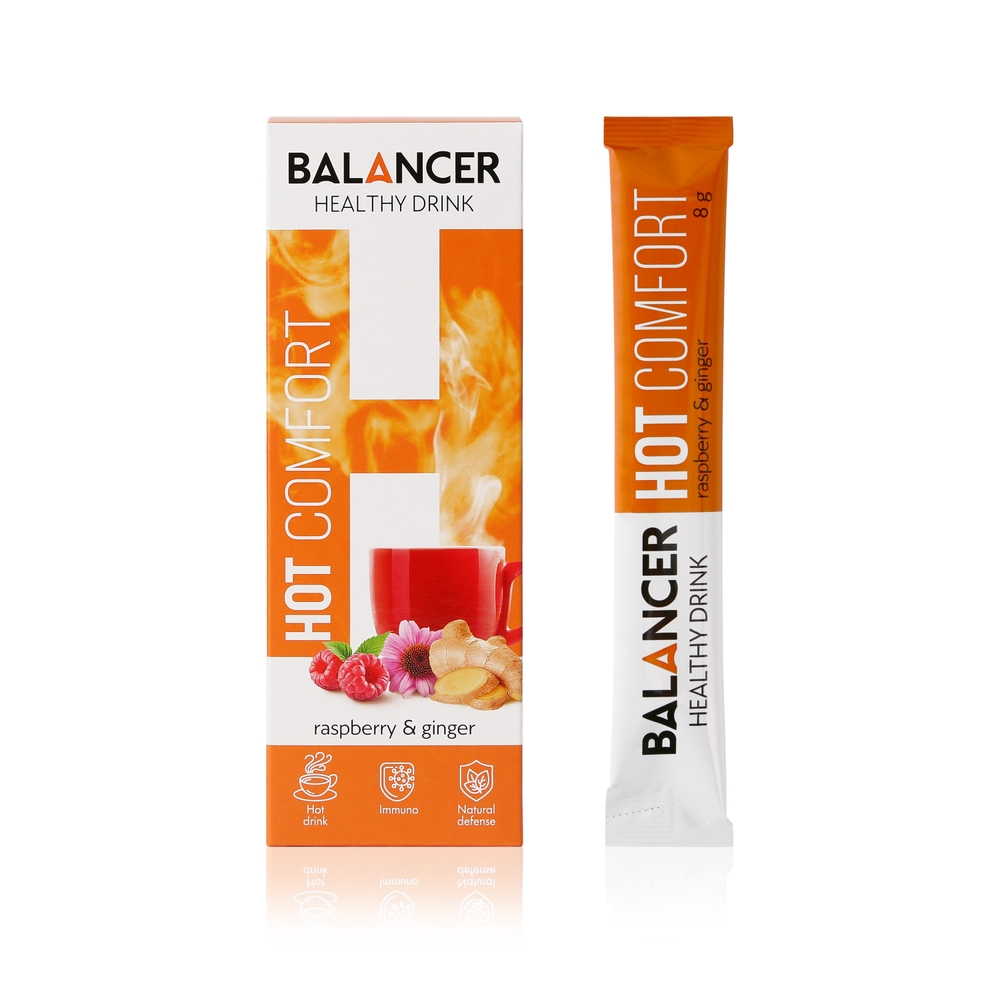 ცხელი სასმელი იმუნიტეტისთვის BALANCER HOT COMFORT "ჟოლო-კოჭა" გემოთი, 10 შეფუთვა